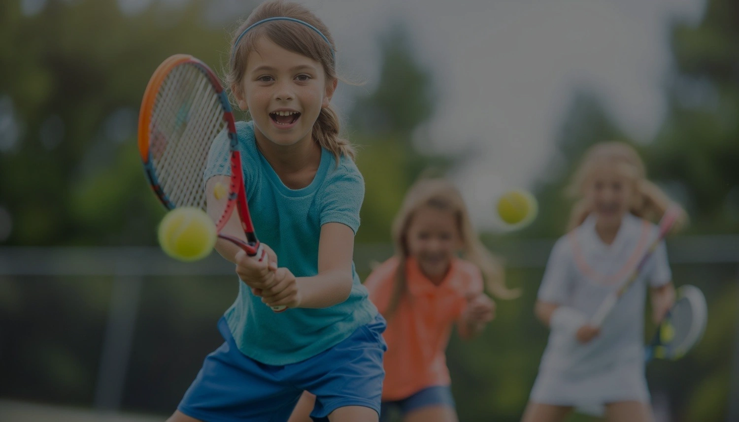 Dzieci grające w tenisa na korcie tenisowym, radosne chwile i aktywność fizyczna na świeżym powietrzu.